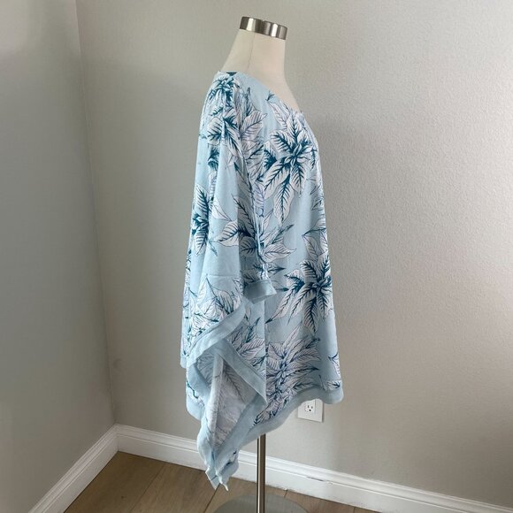 NEW For Cynthia Womens XL Tropical Linen Blend Poncho Tunic Top Blue White - Picture 3 of 8